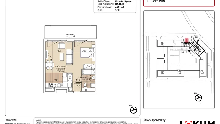 Rzut - Mieszkanie na sprzedaż 1 pokój o powierzchni 40,72 m² - numer C1-11-93 w Lokum Soho