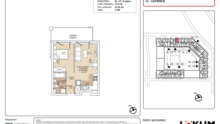 Rzut - Mieszkanie na sprzedaż 1 pokój o powierzchni 37,35 m² - numer C7-6-30 w Lokum Soho