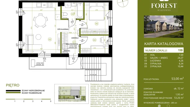 Rzut - Mieszkanie na sprzedaż 3 pokoje o powierzchni 53,01 m² - numer 15B w Wiązowna Forest
