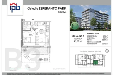 Rzut - Mieszkanie na sprzedaż 2 pokoje o powierzchni 41,68 m² - numer B3-3 w Esperanto Park etap III