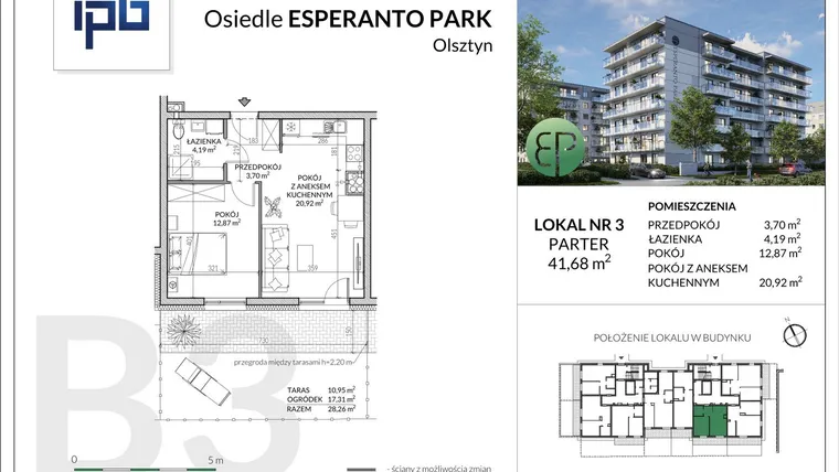 Rzut - Mieszkanie na sprzedaż 2 pokoje o powierzchni 41,68 m² - numer B3-3 w Esperanto Park etap III