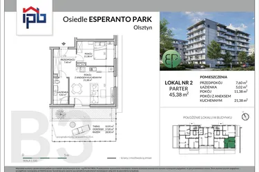 Rzut - Mieszkanie na sprzedaż 2 pokoje o powierzchni 45,38 m² - numer B3-2 w Esperanto Park etap III