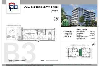 Rzut - Mieszkanie na sprzedaż 2 pokoje o powierzchni 44,18 m² - numer B3-4 w Esperanto Park etap III