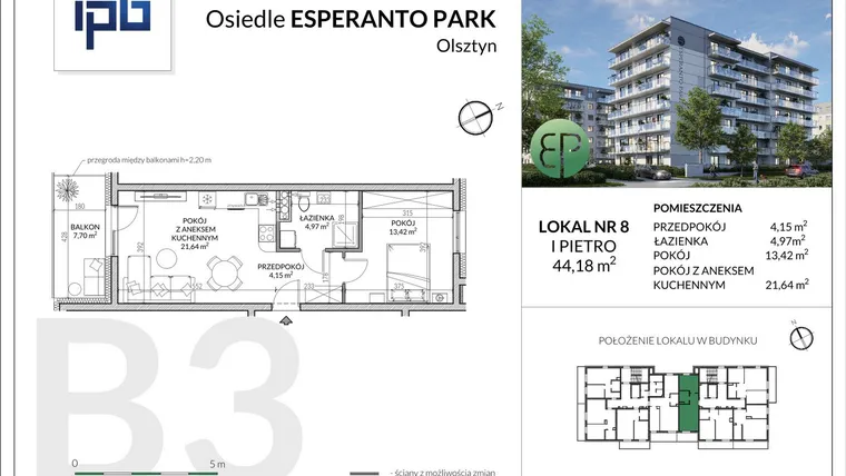 Rzut - Mieszkanie na sprzedaż 2 pokoje o powierzchni 44,18 m² - numer B3-8 w Esperanto Park etap III
