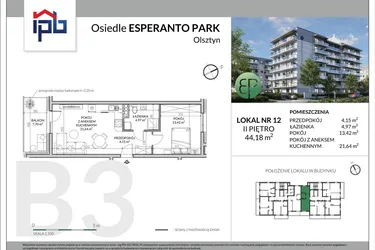 Rzut - Mieszkanie na sprzedaż 2 pokoje o powierzchni 44,18 m² - numer B3-12 w Esperanto Park etap III