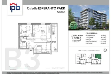 Rzut - Mieszkanie na sprzedaż 2 pokoje o powierzchni 53,89 m² - numer B3-9 w Esperanto Park etap III