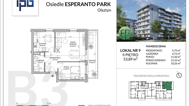 Rzut - Mieszkanie na sprzedaż 2 pokoje o powierzchni 53,89 m² - numer B3-9 w Esperanto Park etap III