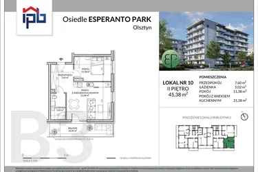Rzut - Mieszkanie na sprzedaż 2 pokoje o powierzchni 45,38 m² - numer B3-10 w Esperanto Park etap III