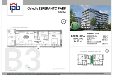 Rzut - Mieszkanie na sprzedaż 2 pokoje o powierzchni 44,18 m² - numer B3-16 w Esperanto Park etap III