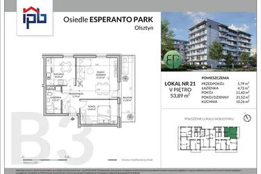 Rzut - Mieszkanie na sprzedaż 2 pokoje o powierzchni 53,89 m² - numer B3-21 w Esperanto Park etap III
