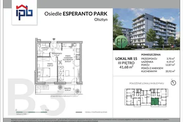 Rzut - Mieszkanie na sprzedaż 2 pokoje o powierzchni 41,68 m² - numer B3-15 w Esperanto Park etap III