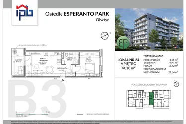 Rzut - Mieszkanie na sprzedaż 2 pokoje o powierzchni 44,18 m² - numer B3-24 w Esperanto Park etap III