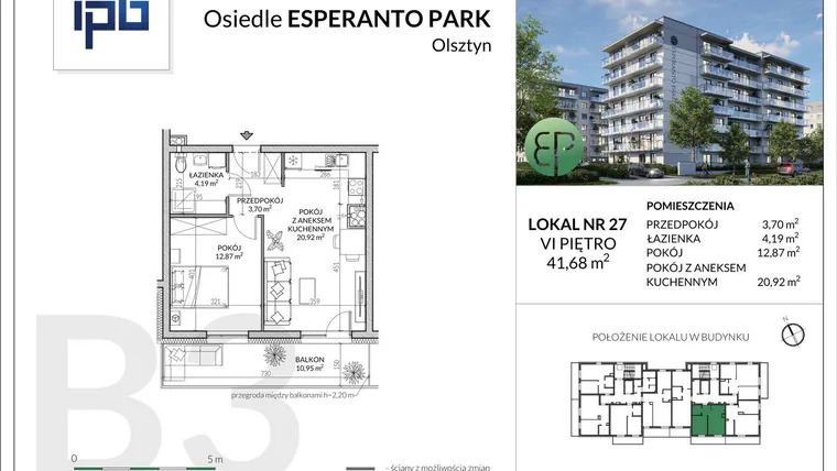 Rzut - Mieszkanie na sprzedaż 2 pokoje o powierzchni 41,68 m² - numer B3-27 w Esperanto Park etap III