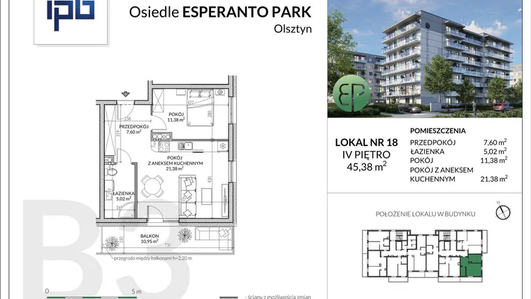 Rzut - Mieszkanie na sprzedaż 2 pokoje o powierzchni 45,38 m² - numer B3-18 w Esperanto Park etap III