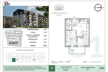 Rzut - Mieszkanie na sprzedaż 2 pokoje o powierzchni 43,65 m² - numer C1-1 w Gardenika Park