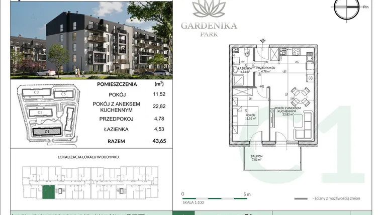 Rzut - Mieszkanie na sprzedaż 2 pokoje o powierzchni 43,65 m² - numer C1-1 w Gardenika Park