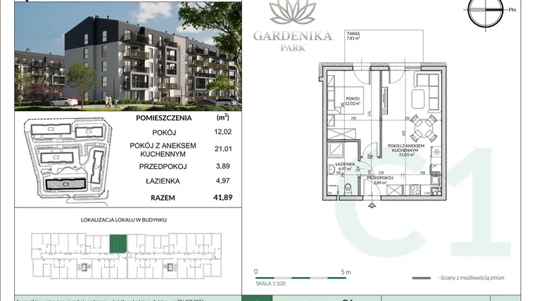 Rzut - Mieszkanie na sprzedaż 2 pokoje o powierzchni 41,89 m² - numer C1-7 w Gardenika Park