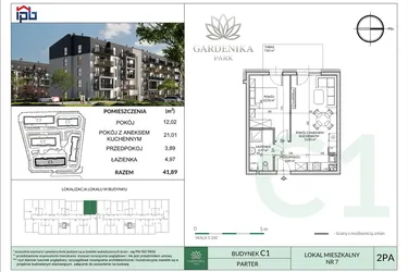 Rzut - Mieszkanie na sprzedaż 2 pokoje o powierzchni 41,89 m² - numer C1-7 w Gardenika Park