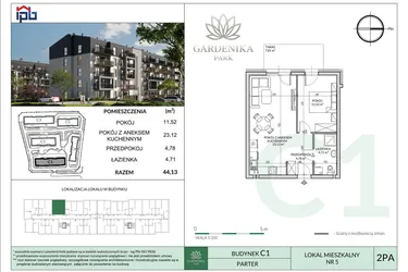 Rzut - Mieszkanie na sprzedaż 2 pokoje o powierzchni 44,13 m² - numer C1-5 w Gardenika Park
