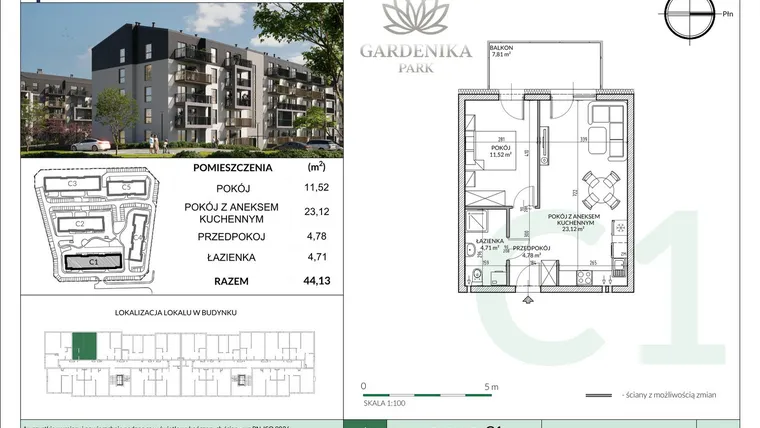 Rzut - Mieszkanie na sprzedaż 2 pokoje o powierzchni 44,13 m² - numer C1-4 w Gardenika Park