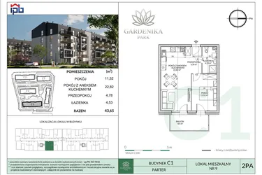 Rzut - Mieszkanie na sprzedaż 2 pokoje o powierzchni 43,65 m² - numer C1-9 w Gardenika Park
