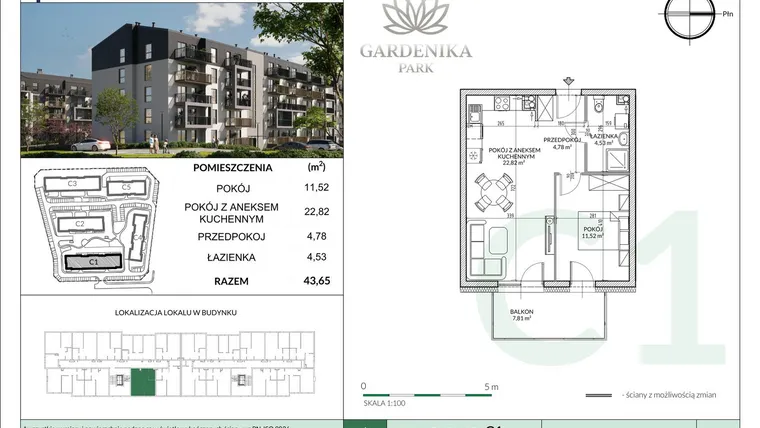 Rzut - Mieszkanie na sprzedaż 2 pokoje o powierzchni 43,65 m² - numer C1-9 w Gardenika Park