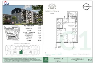 Rzut - Mieszkanie na sprzedaż 2 pokoje o powierzchni 49,03 m² - numer C1-17 w Gardenika Park