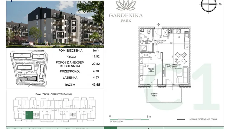 Rzut - Mieszkanie na sprzedaż 2 pokoje o powierzchni 43,65 m² - numer C1-10 w Gardenika Park