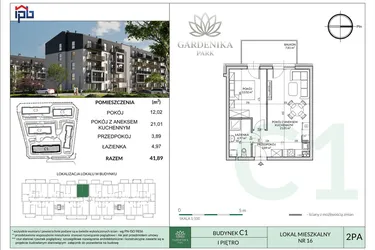 Rzut - Mieszkanie na sprzedaż 2 pokoje o powierzchni 41,89 m² - numer C1-16 w Gardenika Park