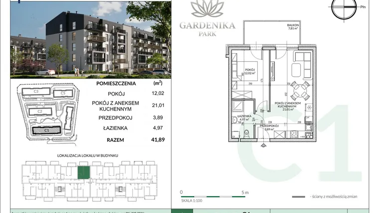 Rzut - Mieszkanie na sprzedaż 2 pokoje o powierzchni 41,89 m² - numer C1-16 w Gardenika Park