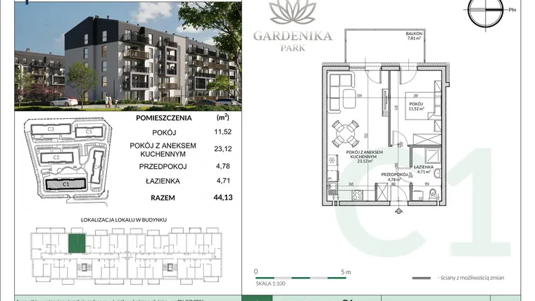 Rzut - Mieszkanie na sprzedaż 2 pokoje o powierzchni 44,13 m² - numer C1-14 w Gardenika Park