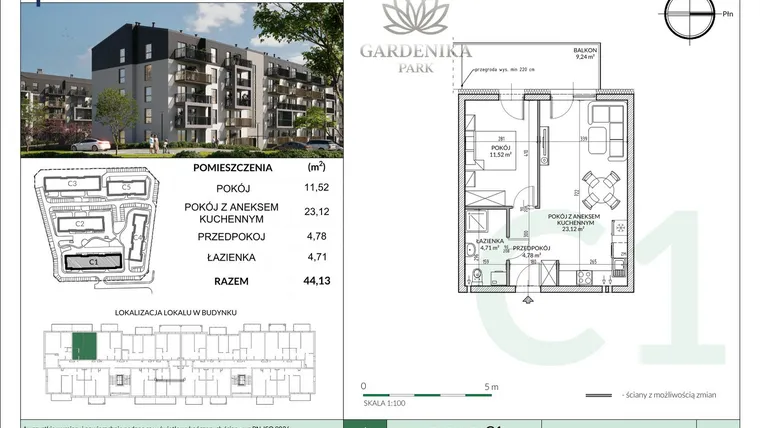 Rzut - Mieszkanie na sprzedaż 2 pokoje o powierzchni 44,13 m² - numer C1-22 w Gardenika Park