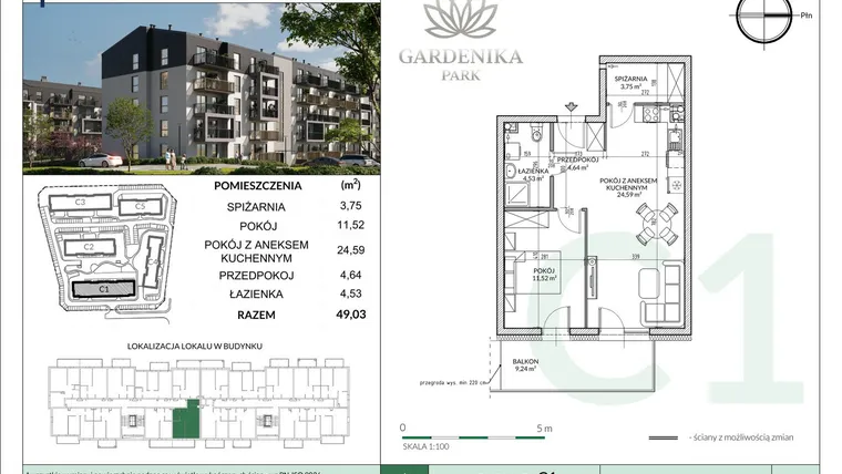Rzut - Mieszkanie na sprzedaż 2 pokoje o powierzchni 49,03 m² - numer C1-26 w Gardenika Park