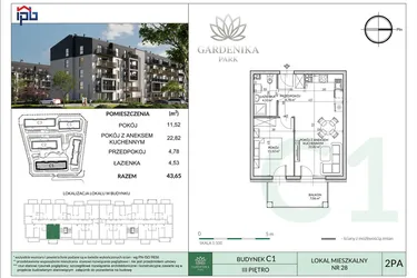 Rzut - Mieszkanie na sprzedaż 2 pokoje o powierzchni 43,65 m² - numer C1-28 w Gardenika Park