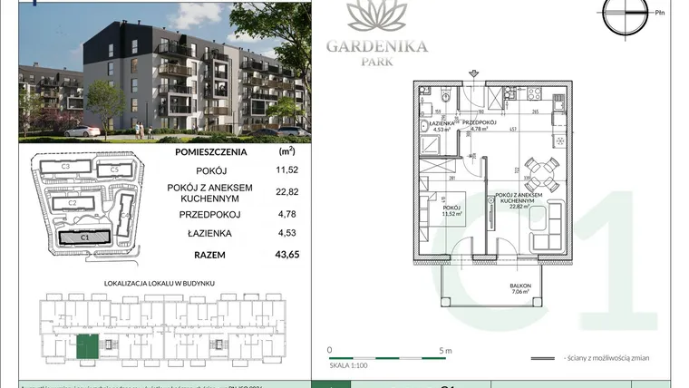 Rzut - Mieszkanie na sprzedaż 2 pokoje o powierzchni 43,65 m² - numer C1-28 w Gardenika Park