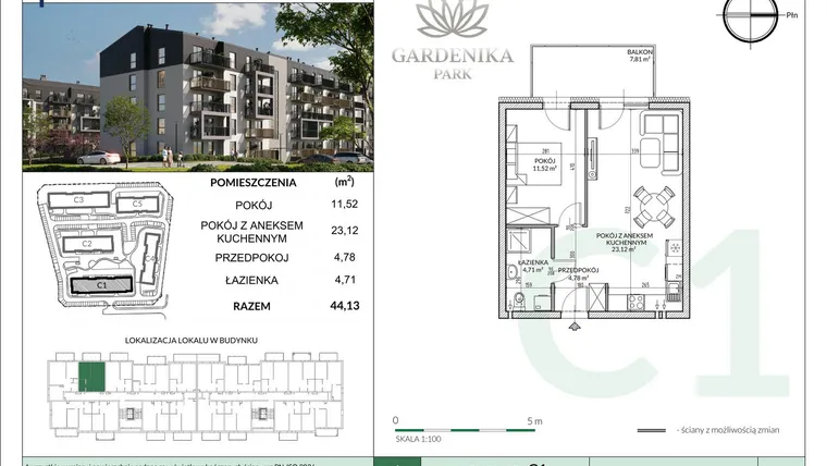 Rzut - Mieszkanie na sprzedaż 2 pokoje o powierzchni 44,13 m² - numer C1-31 w Gardenika Park