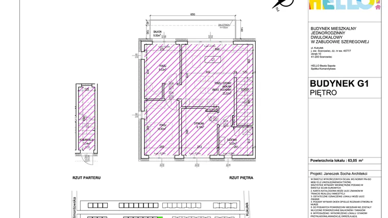 Rzut - Mieszkanie na sprzedaż 4 pokoje o powierzchni 63,93 m² - numer G1.2 w HELLO! KUKUŁKI bud. G