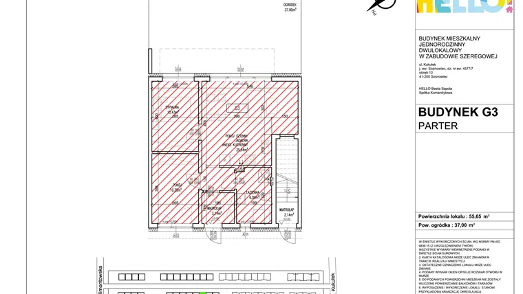 Rzut - Mieszkanie na sprzedaż 3 pokoje o powierzchni 55,65 m² - numer G3.1 w HELLO! KUKUŁKI bud. G