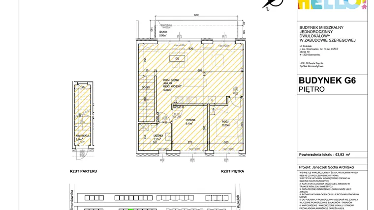 Rzut - Mieszkanie na sprzedaż 3 pokoje o powierzchni 63,93 m² - numer G6.2 w HELLO! KUKUŁKI bud. G