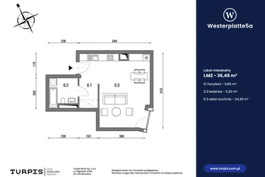 Rzut - Mieszkanie na sprzedaż 1 pokój o powierzchni 36,45 m² - numer I.M2 w Westerplatte5a