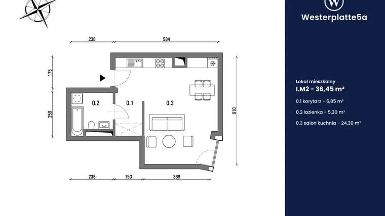 Rzut - Mieszkanie na sprzedaż 1 pokój o powierzchni 36,45 m² - numer I.M2 w Westerplatte5a