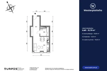 Rzut - Mieszkanie na sprzedaż 1 pokój o powierzchni 31,7 m² - numer II.M1 w Westerplatte5a