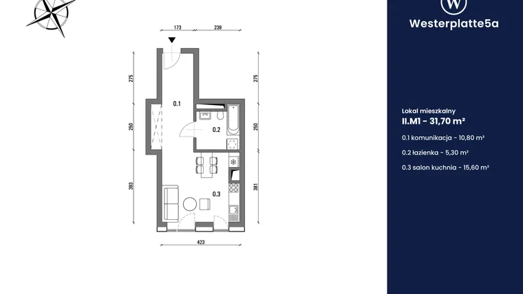Rzut - Mieszkanie na sprzedaż 1 pokój o powierzchni 31,7 m² - numer II.M1 w Westerplatte5a