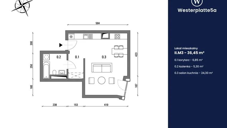 Rzut - Mieszkanie na sprzedaż 1 pokój o powierzchni 36,45 m² - numer II.M3 w Westerplatte5a
