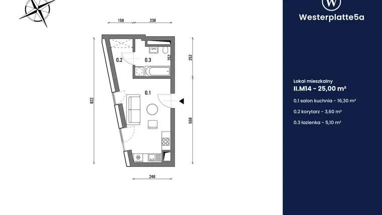 Rzut - Mieszkanie na sprzedaż 1 pokój o powierzchni 25 m² - numer II.M14 w Westerplatte5a