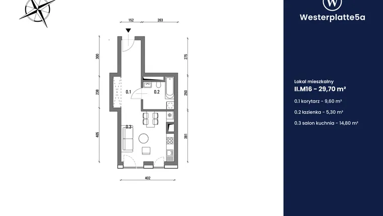 Rzut - Mieszkanie na sprzedaż 1 pokój o powierzchni 29,7 m² - numer II.M16 w Westerplatte5a