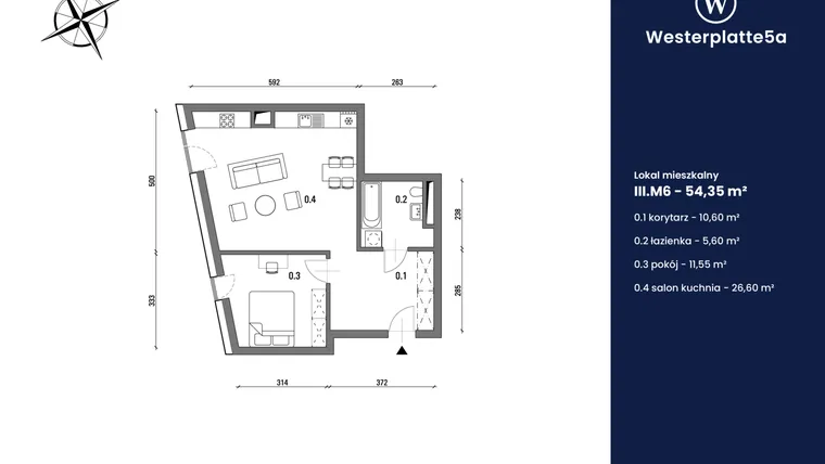 Rzut - Mieszkanie na sprzedaż 1 pokój o powierzchni 54,35 m² - numer III.M6 w Westerplatte5a