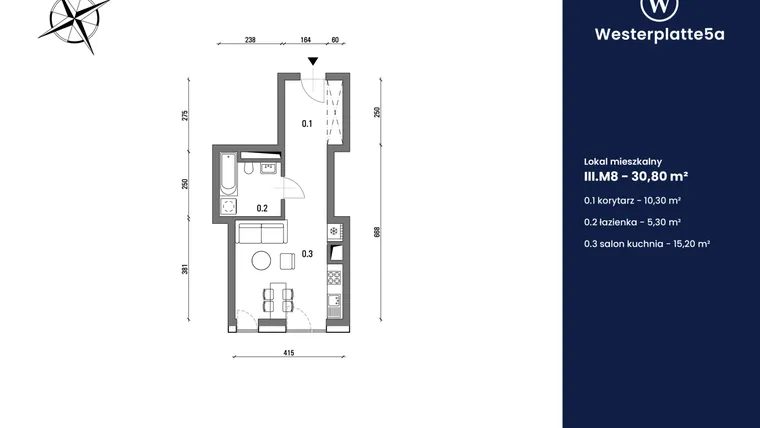 Rzut - Mieszkanie na sprzedaż 1 pokój o powierzchni 30,8 m² - numer III.M8 w Westerplatte5a