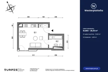 Rzut - Mieszkanie na sprzedaż 1 pokój o powierzchni 26,1 m² - numer III.M13 w Westerplatte5a
