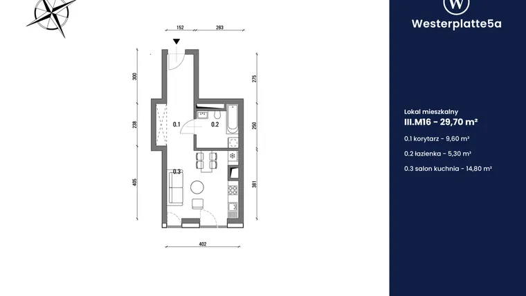 Rzut - Mieszkanie na sprzedaż 1 pokój o powierzchni 29,7 m² - numer III.M16 w Westerplatte5a